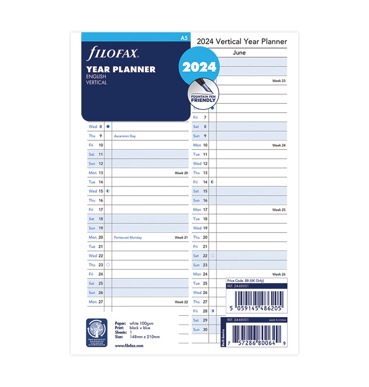 Filofax 2024 A5 Vertical Year Planner - English
