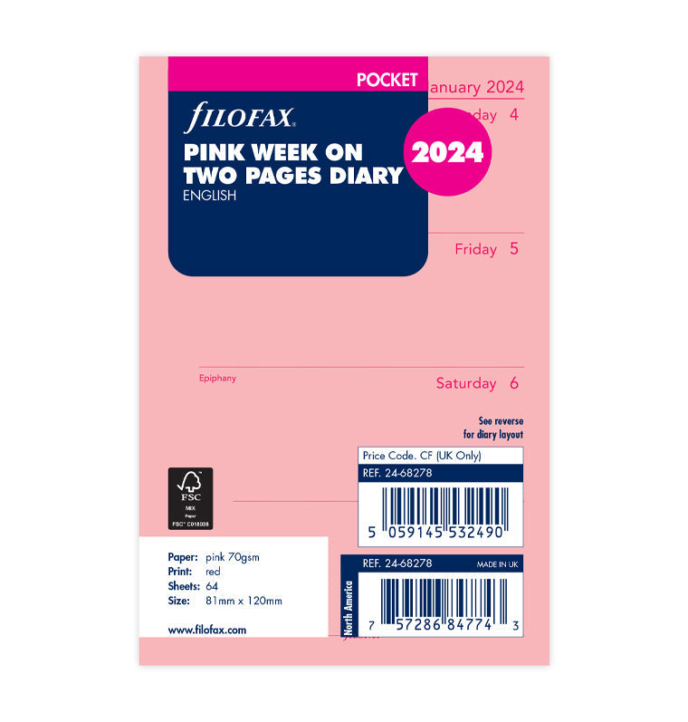 Filofax 2024 Pocket Week on Two Pages Planner - Pink