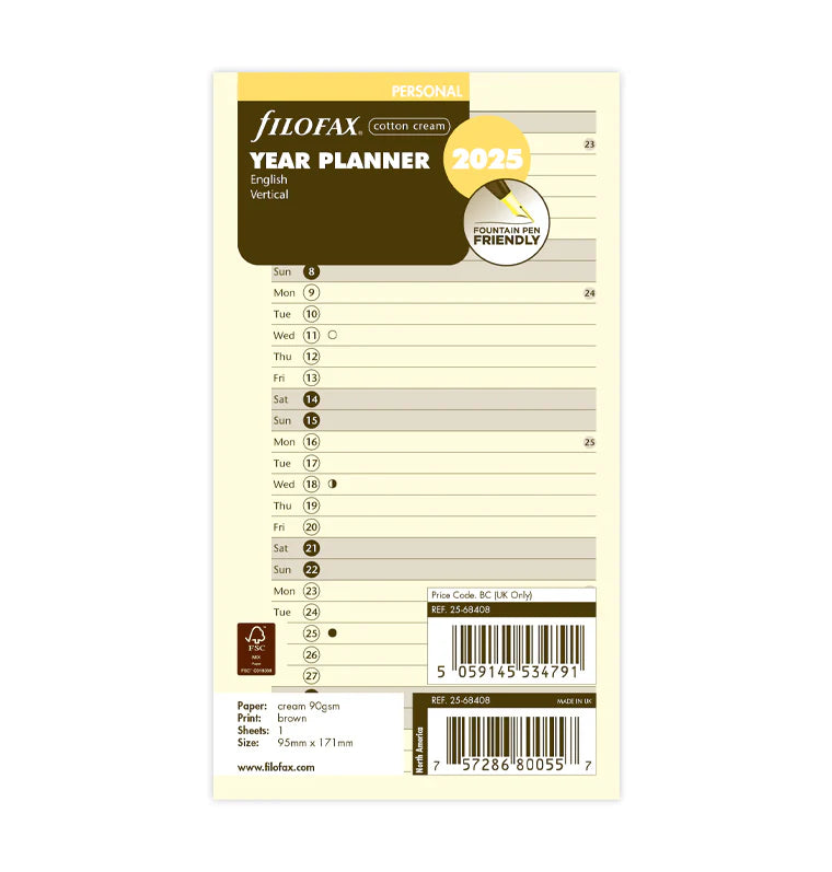 Filofax 2025 Personal Vertical Year Planner - Cotton Cream