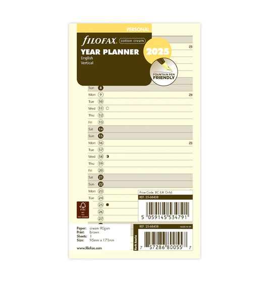 Filofax 2025 Personal Vertical Year Planner - Cotton Cream