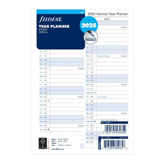 Filofax 2025 A5 Vertical Year Planner - English