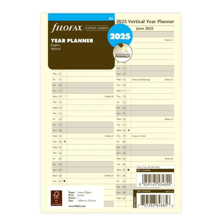 Filofax 2025 A5 Vertical Year Planner - Cotton Cream