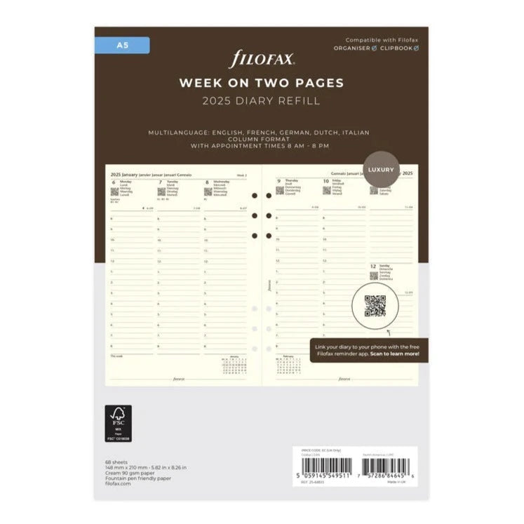 Filofax 2025 A5 Week on Two Pages - Diary with Appointments (Cotton Cream Paper)