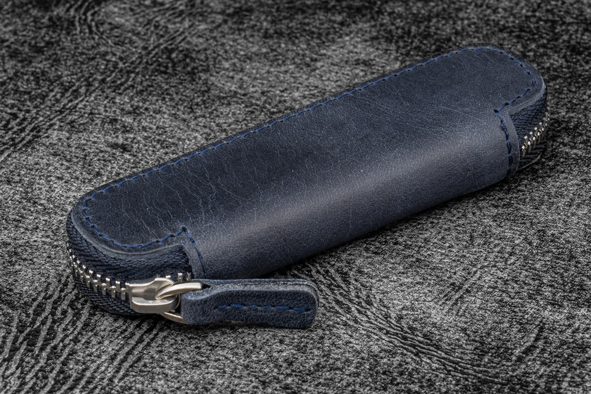 Galen Leather Single Zippered Pen Case for Kaweco Pocket Pen - Crazy Horse Navy Blue