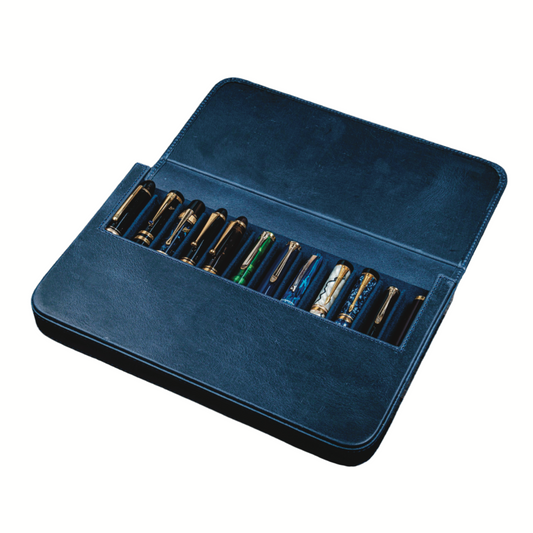 Galen Leather 12 Slot Magnum Opus Pen Case - Crazy Navy Blue (with Removable Pen Tray)