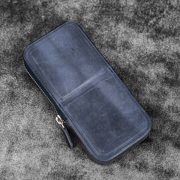 Galen Leather 3 Slot Zippered Magnum Opus Pen Case - Crazy Navy Blue (with Removable Pen Tray)