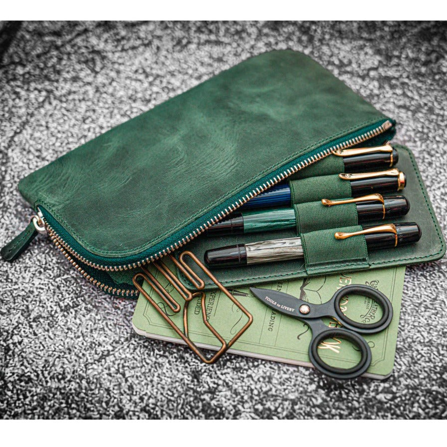 Galen Leather Slip-n-Zip 4 Slot Zippered Pen Pouch - Crazy Horse Forest Green