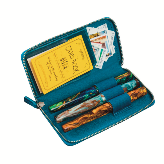 Galen Leather 3 Slot Zippered Pen Case - Crazy Horse Ocean Blue