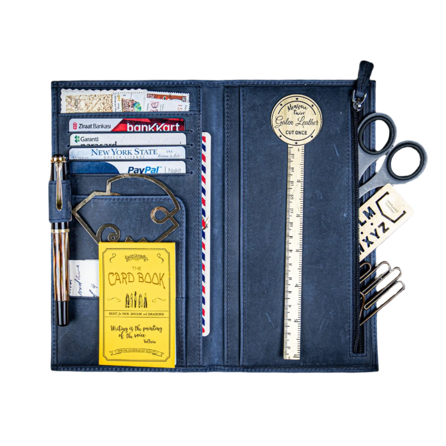 Galen Leather Wallet Insert for Traveler's Notebook Regular Size/Hobonichi Weeks Mega Cover Slim - Crazy Horse Navy Blue