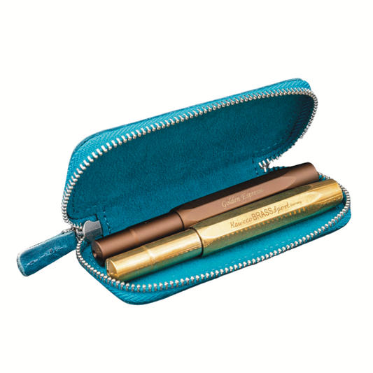 Galen Leather Double Zippered Pen Case for Kaweco Pocket Pen - Crazy Horse Ocean Blue