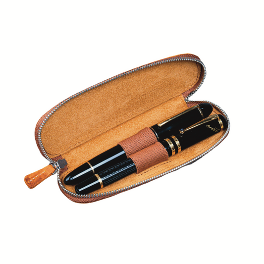 Galen Leather 2 Pen Duo Slim Zippered Pen Case - Crazy Horse Brown