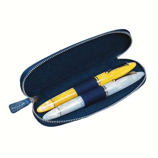 Galen Leather 2 Pen Duo Slim Zippered Pen Case - Crazy Horse Navy Blue