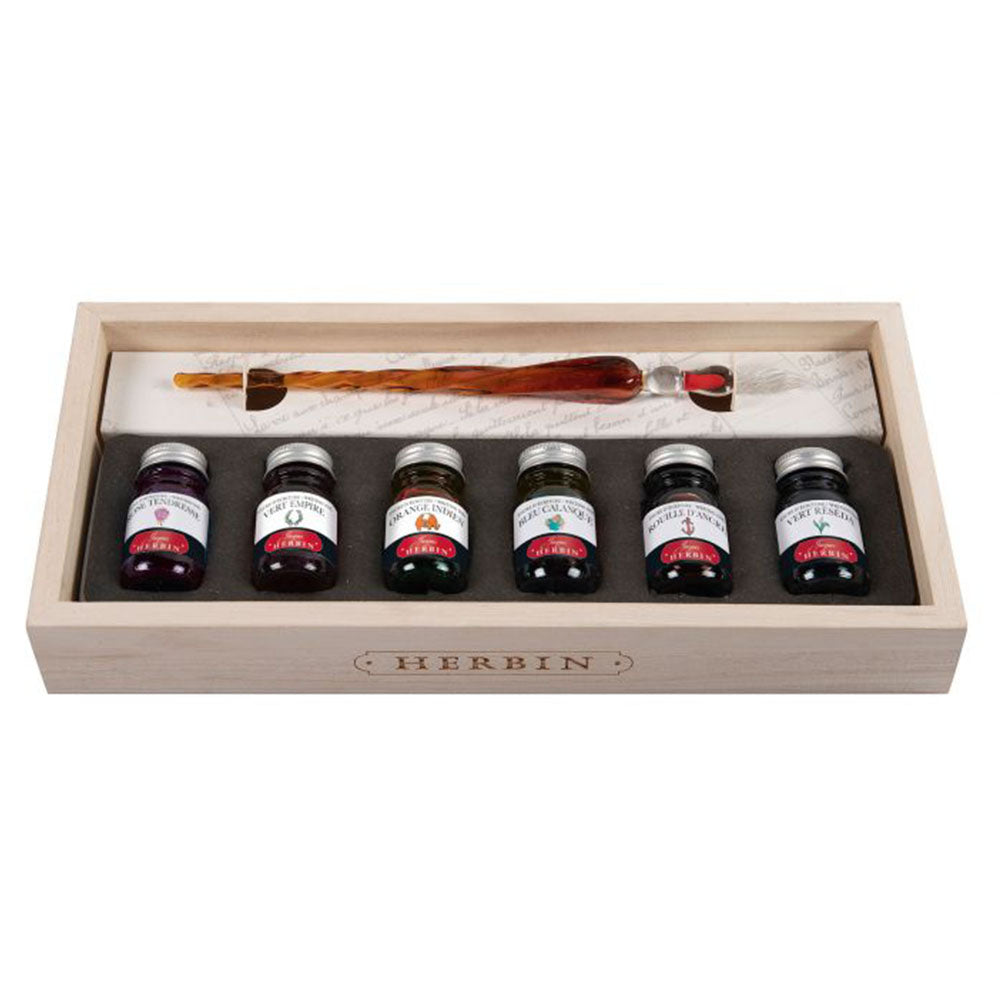 J. Herbin Glass Pen Gift Set (Wooden Box with 6 Inks)