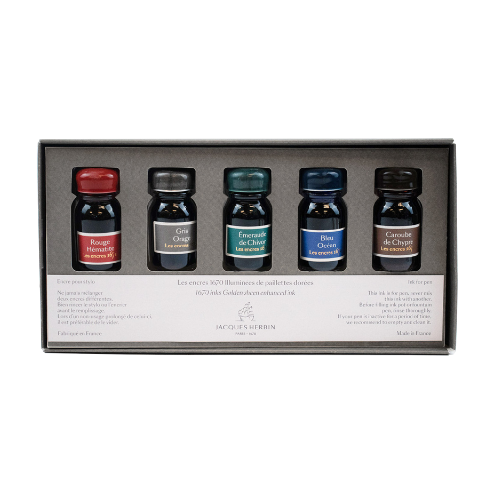 J. Herbin 1670 Anniversary Gift Set - Rouge Hematite, Stormy Grey, Emerald of Chivor, Bleu Ocean, Caroube de Chypre (10ml each)