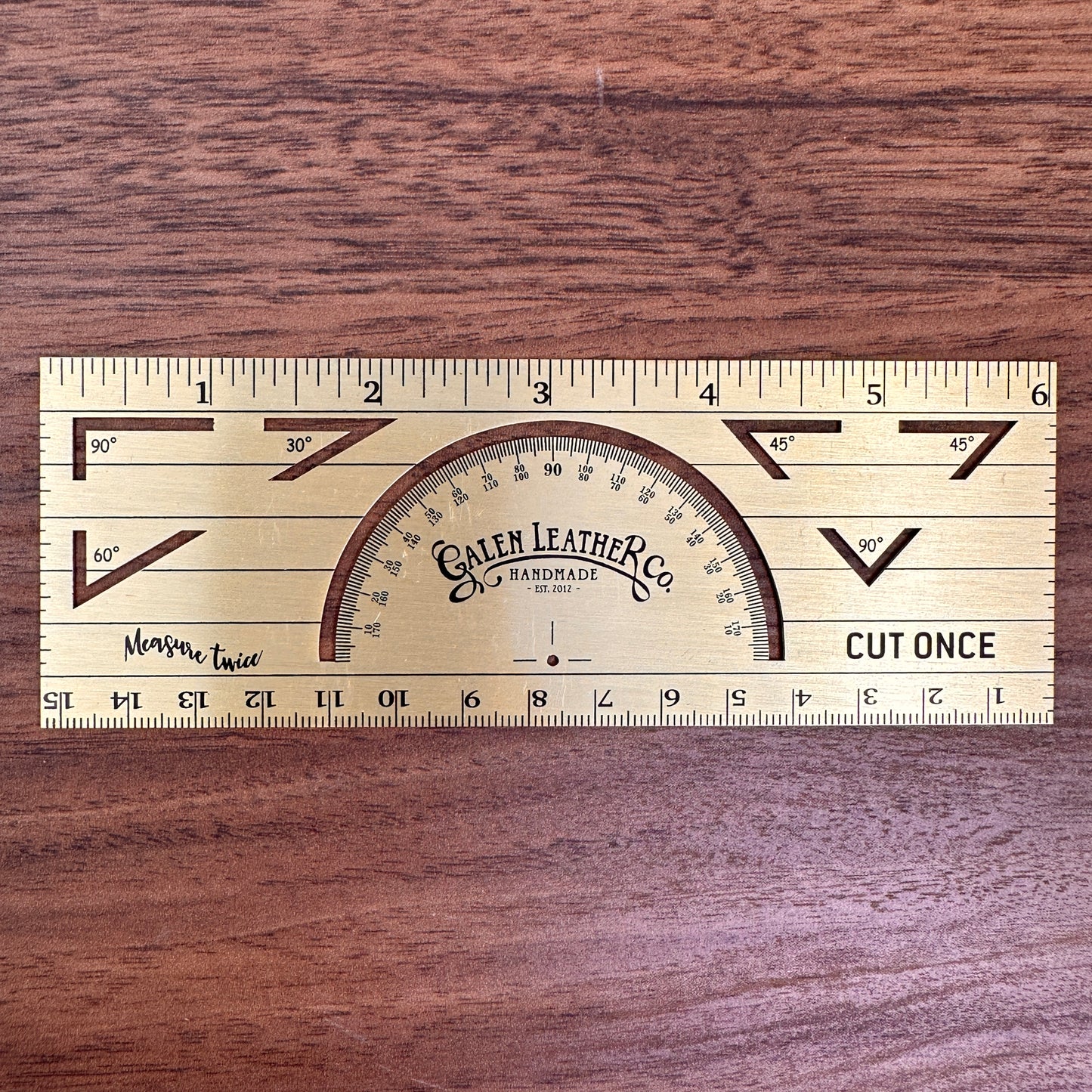 Galen Leather Brass Vintage Inspired Ruler - Imperial and Metric Measurements with Angle Stencils