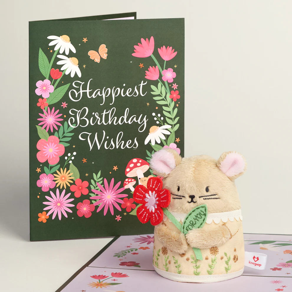 Lovepop PlushPop-Up Card - 'Happiest Birthday Wishes' Floral Field Mouse