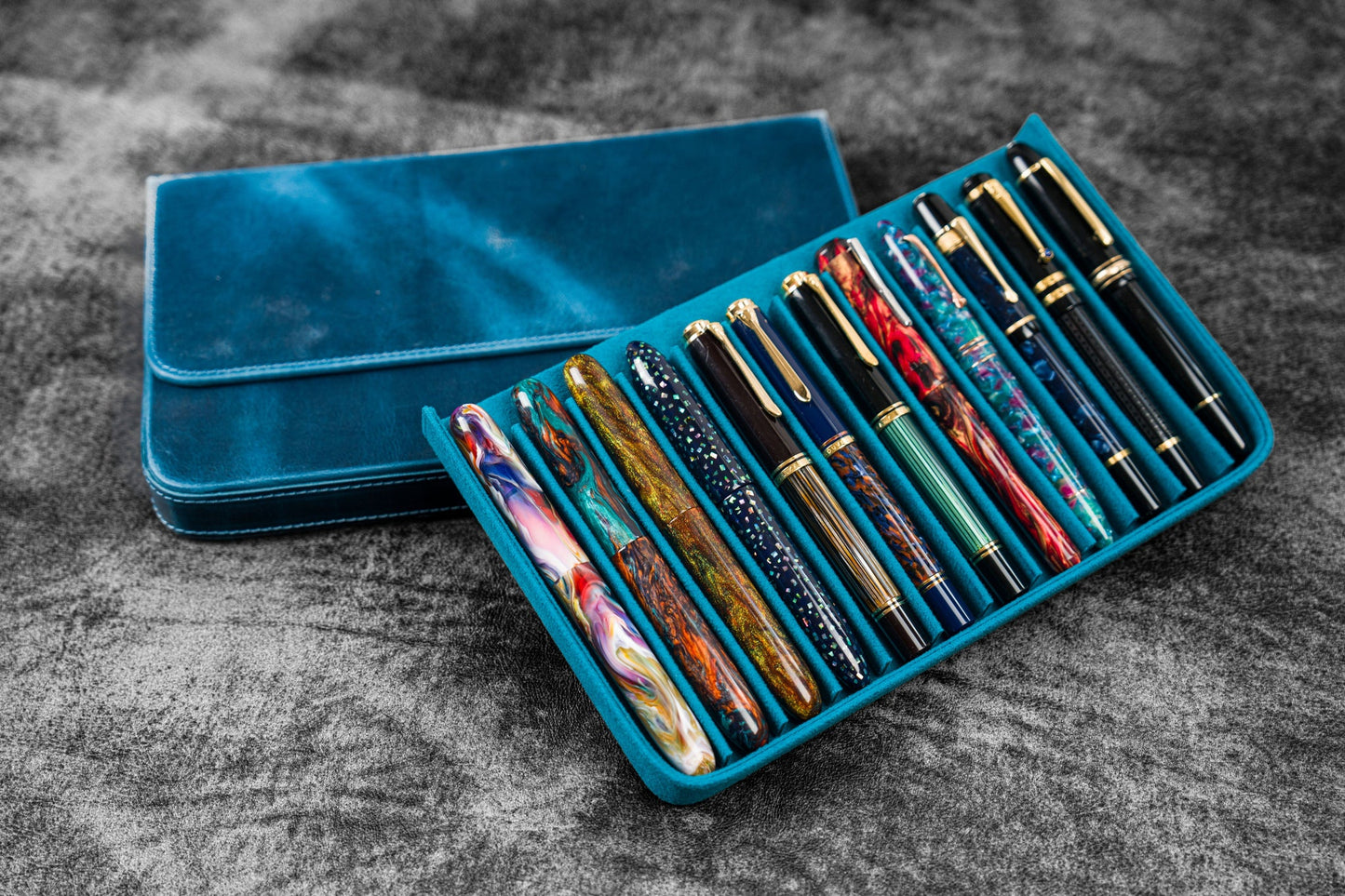 Galen Leather 12 Slot Magnum Opus Pen Case - Crazy Ocean Blue (with Removable Pen Tray)