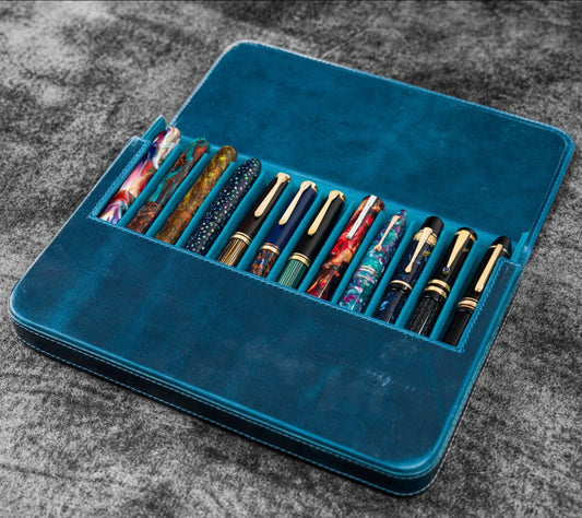 Galen Leather 12 Slot Magnum Opus Pen Case - Crazy Ocean Blue (with Removable Pen Tray)