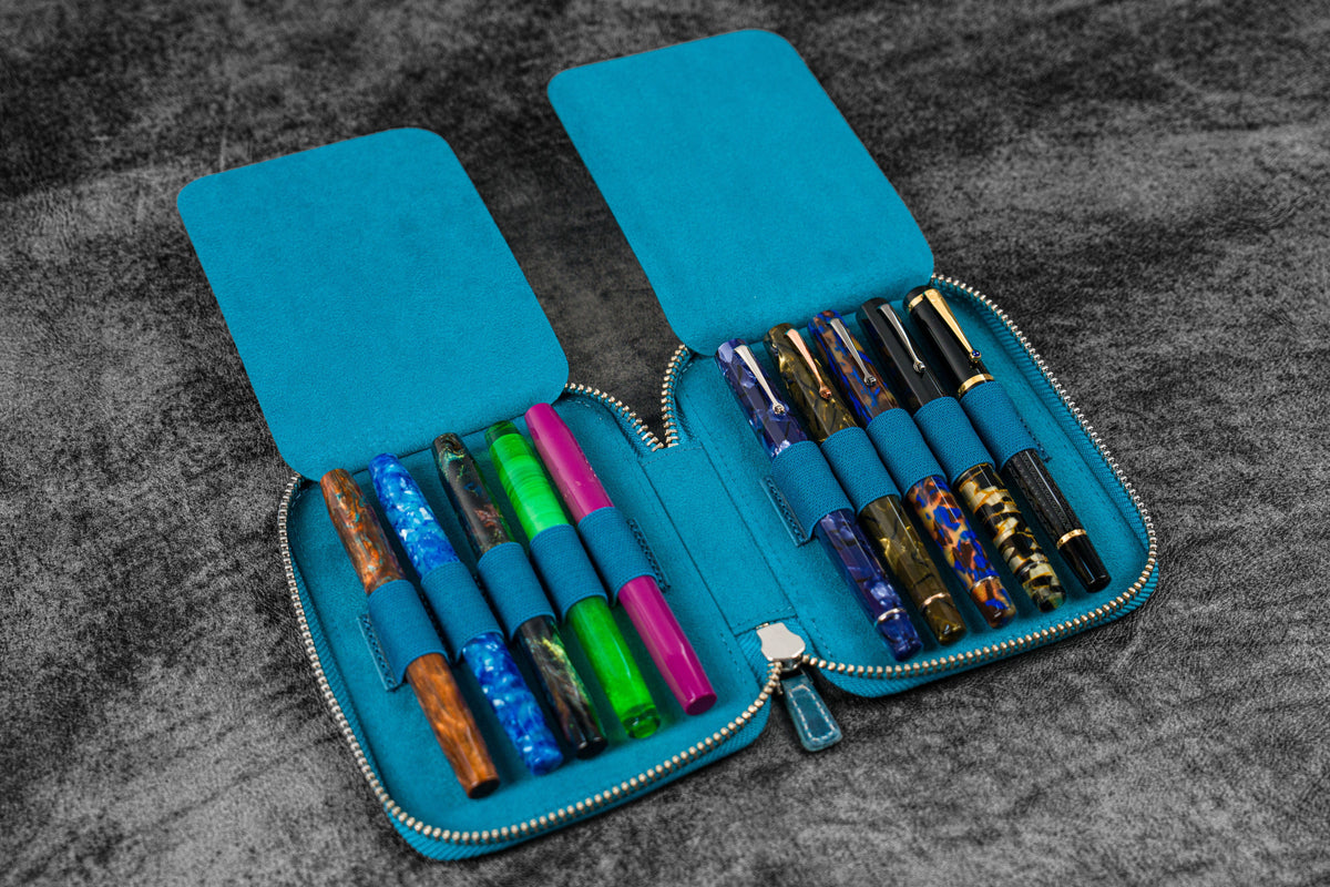 Galen Leather 10 Slot Zippered Pen Case - Crazy Horse Ocean Blue