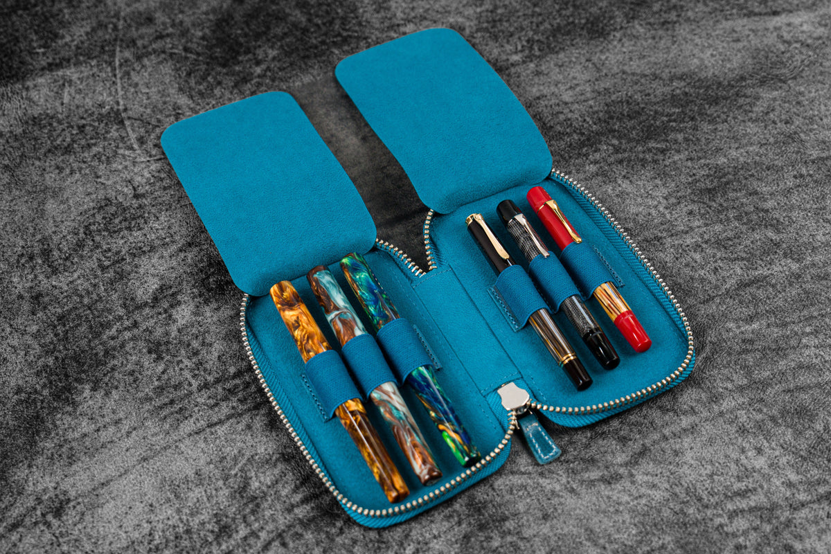 Galen Leather 6 Slot Zippered Pen Case - Crazy Horse Ocean Blue