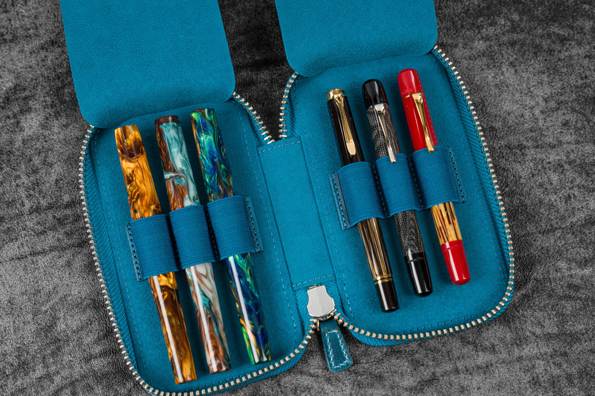 Galen Leather 6 Slot Zippered Pen Case - Crazy Horse Ocean Blue