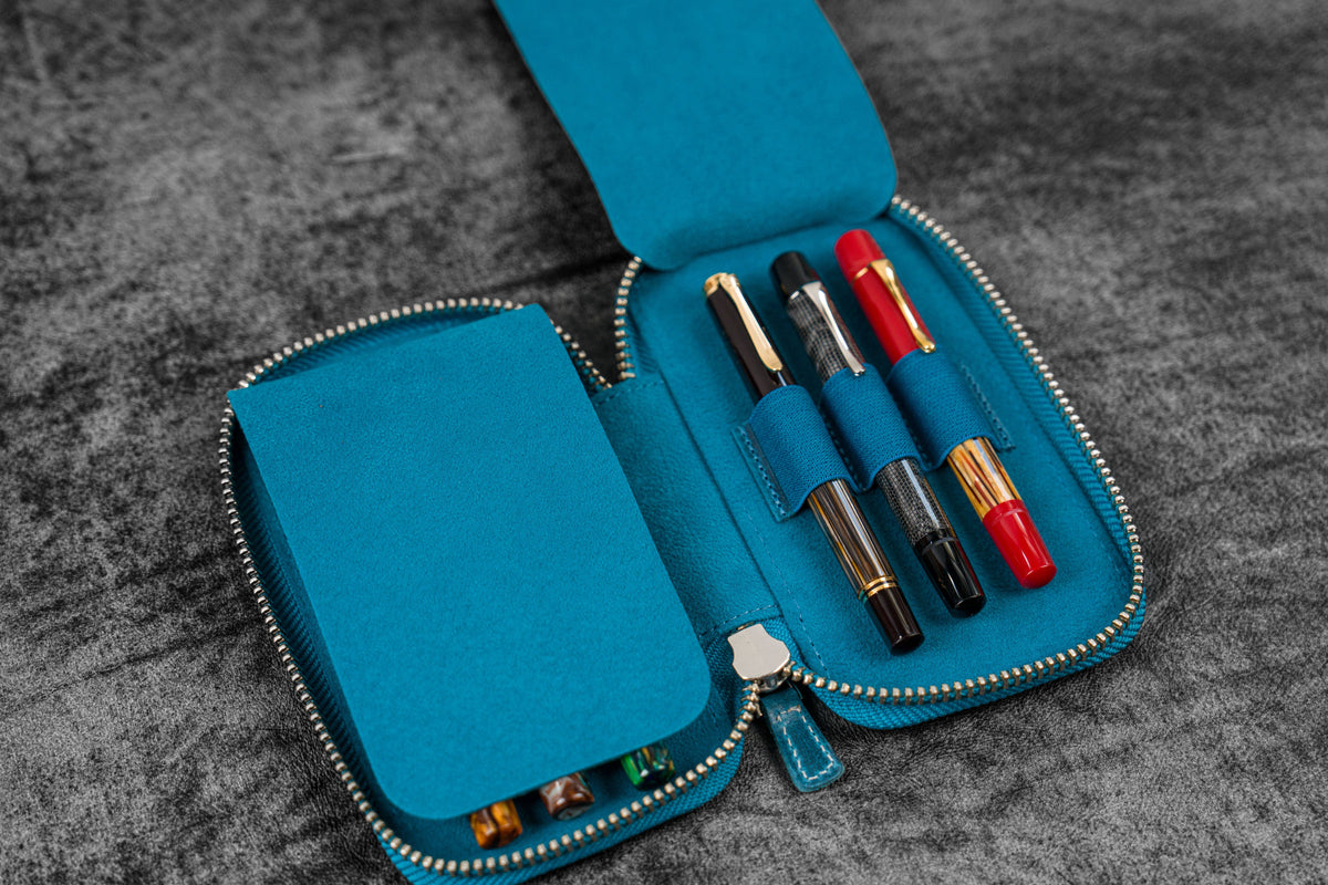 Galen Leather 6 Slot Zippered Pen Case - Crazy Horse Ocean Blue