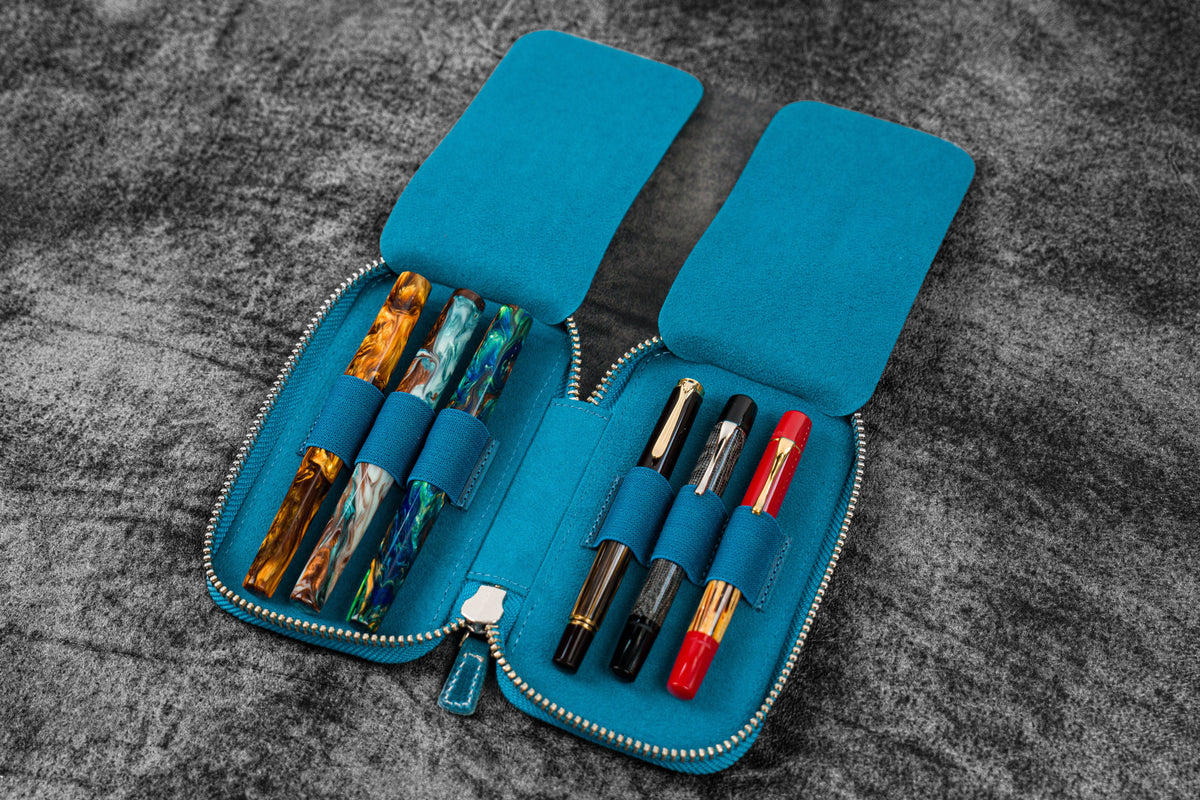 Galen Leather 6 Slot Zippered Pen Case - Crazy Horse Ocean Blue