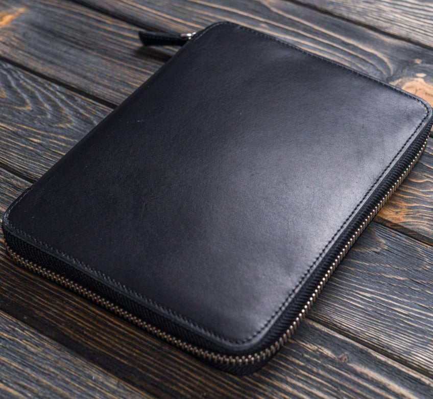 Galen Leather A5 Zippered Notebook Folio - Black