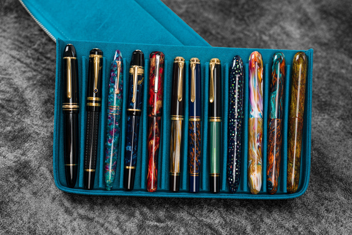 Galen Leather Co. Leather Zippered Magnum Opus 12 Slots Hard Pen Case with Removable Pen Tray - Crazy Horse Ocean Blue