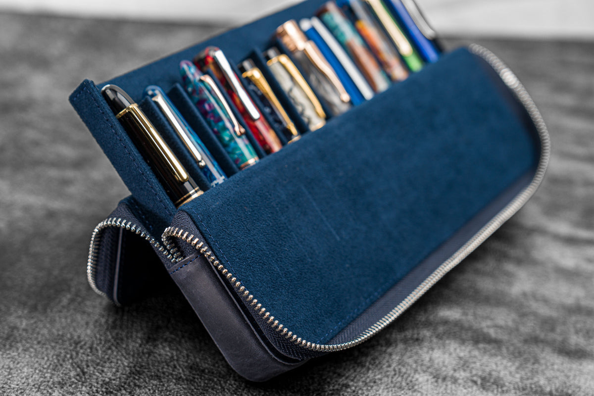 Galen Leather 12 Slot Zippered Magnum Opus Pen Case - Crazy Navy Blue (with Removable Pen Tray)