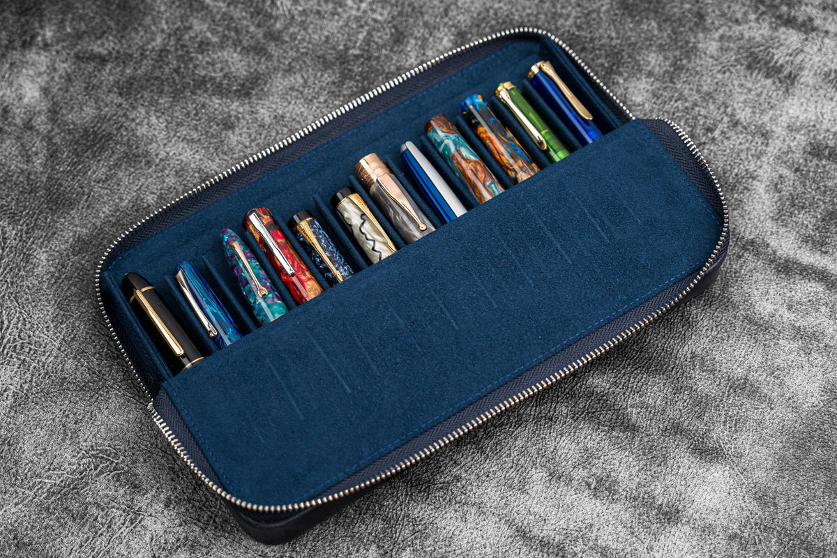 Galen Leather 12 Slot Zippered Magnum Opus Pen Case - Crazy Navy Blue (with Removable Pen Tray)