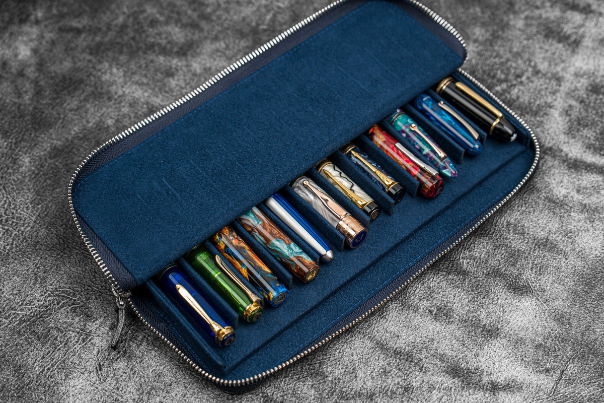 Galen Leather 12 Slot Zippered Magnum Opus Pen Case - Crazy Navy Blue (with Removable Pen Tray)