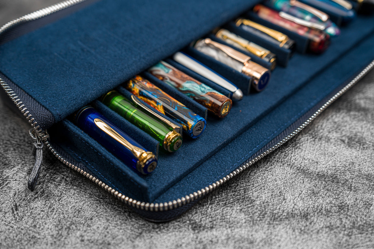 Galen Leather 12 Slot Zippered Magnum Opus Pen Case - Crazy Navy Blue (with Removable Pen Tray)