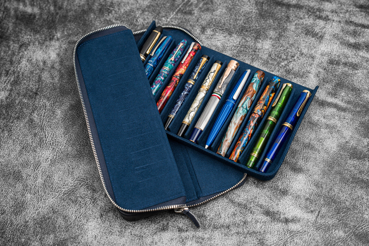 Galen Leather 12 Slot Zippered Magnum Opus Pen Case - Crazy Navy Blue (with Removable Pen Tray)