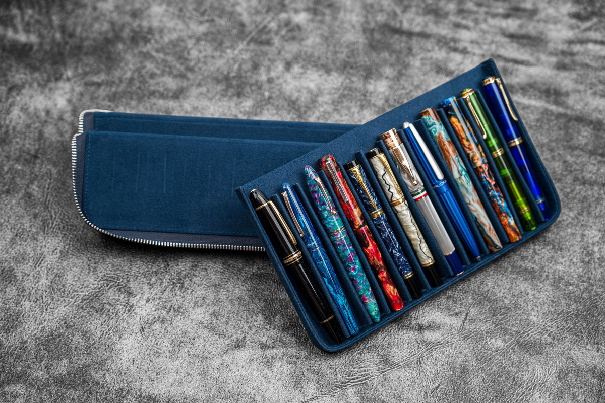 Galen Leather 12 Slot Zippered Magnum Opus Pen Case - Crazy Navy Blue (with Removable Pen Tray)