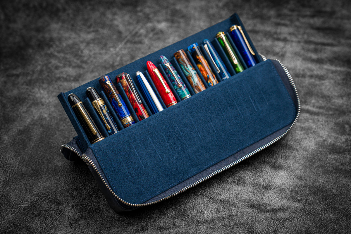 Navy Blue Leather Hard Pen Case with Removable 6 Slots Pen Tray