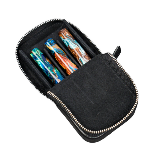 Galen Leather 3 Slot Zippered Magnum Opus Pen Case - Black (with Removable Pen Tray)