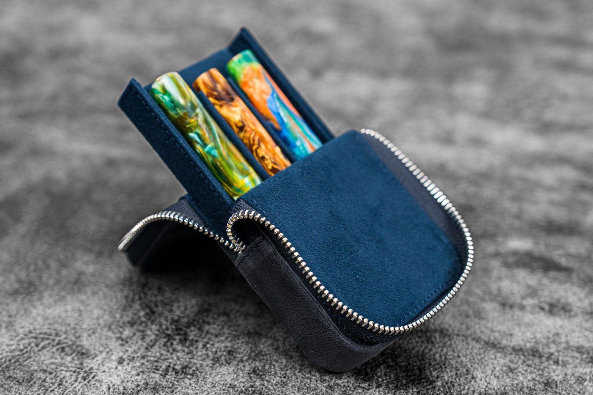 Galen Leather 3 Slot Zippered Magnum Opus Pen Case - Crazy Navy Blue (with Removable Pen Tray)