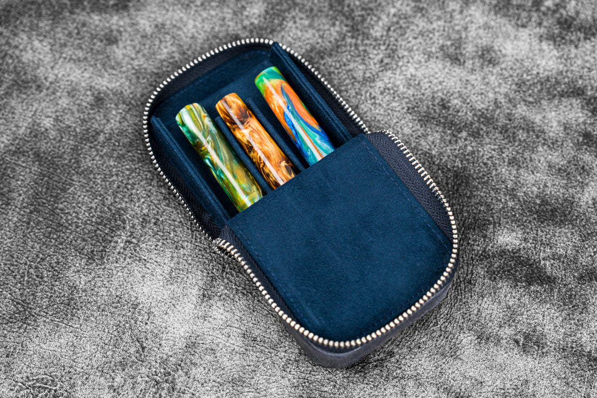 Galen Leather 3 Slot Zippered Magnum Opus Pen Case - Crazy Navy Blue (with Removable Pen Tray)