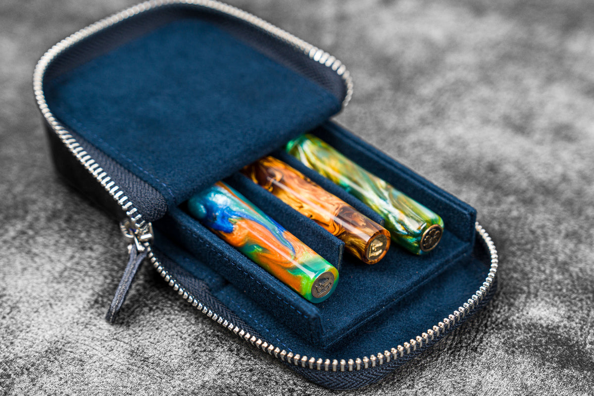 Galen Leather 3 Slot Zippered Magnum Opus Pen Case - Crazy Navy Blue (with Removable Pen Tray)