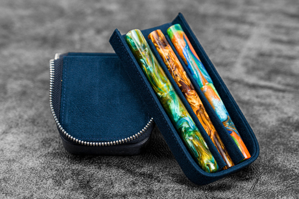 Galen Leather 3 Slot Zippered Magnum Opus Pen Case - Crazy Navy Blue (with Removable Pen Tray)