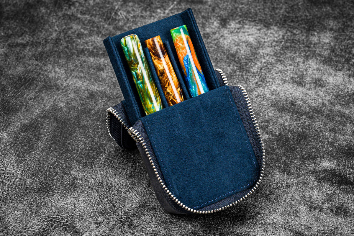 Galen Leather 3 Slot Zippered Magnum Opus Pen Case - Crazy Navy Blue (with Removable Pen Tray)