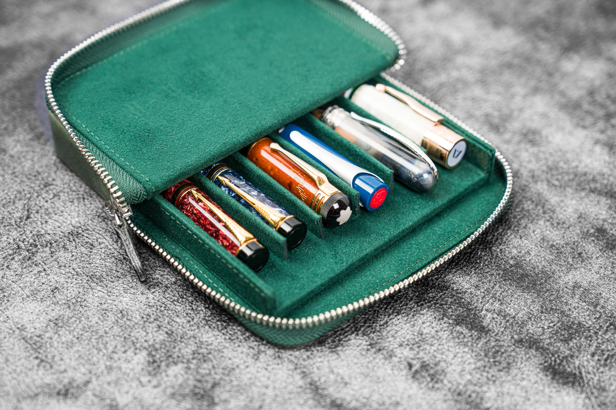 Galen Leather Co. Leather Zippered Magnum Opus 6 Slots Hard Pen Case - Crazy Horse Forest Green
