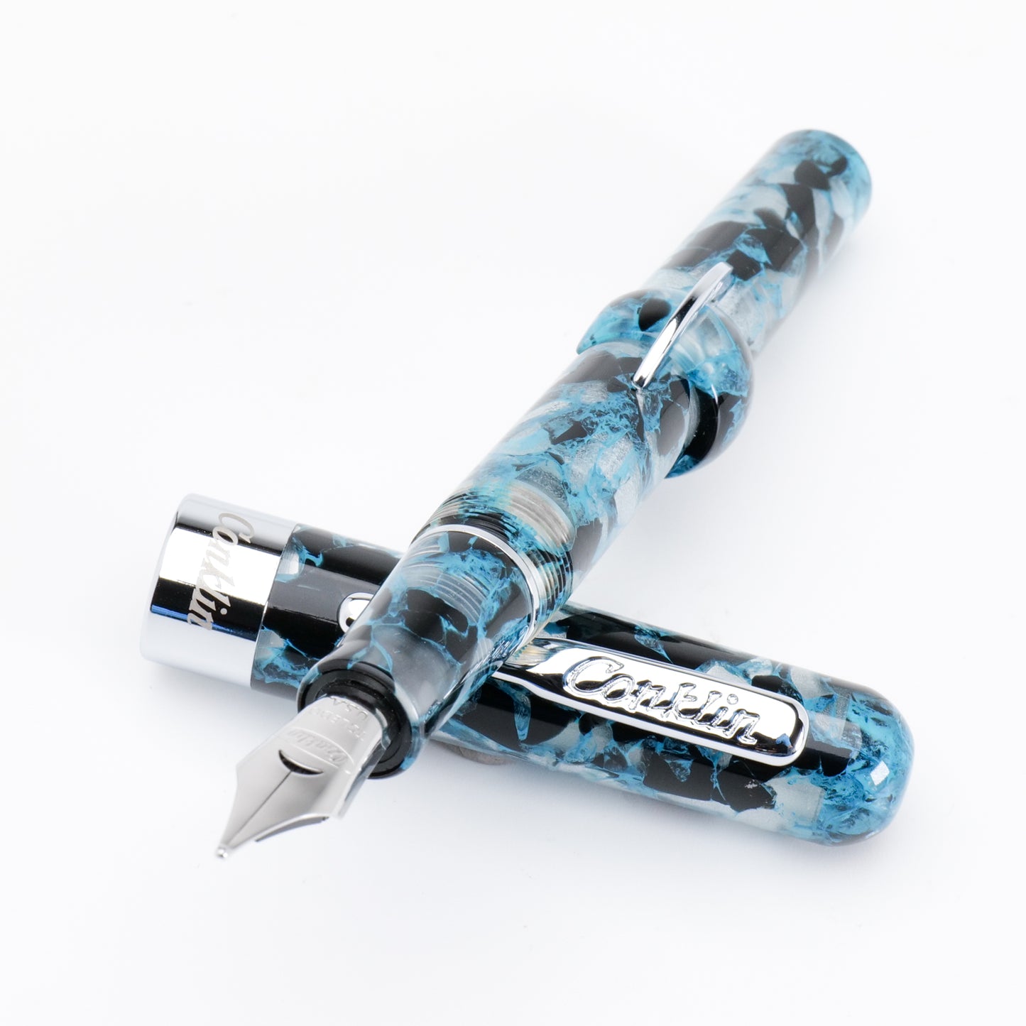 Conklin Mark Twain Demonstrator Fountain Pen - Blue Array with Chrome Trim