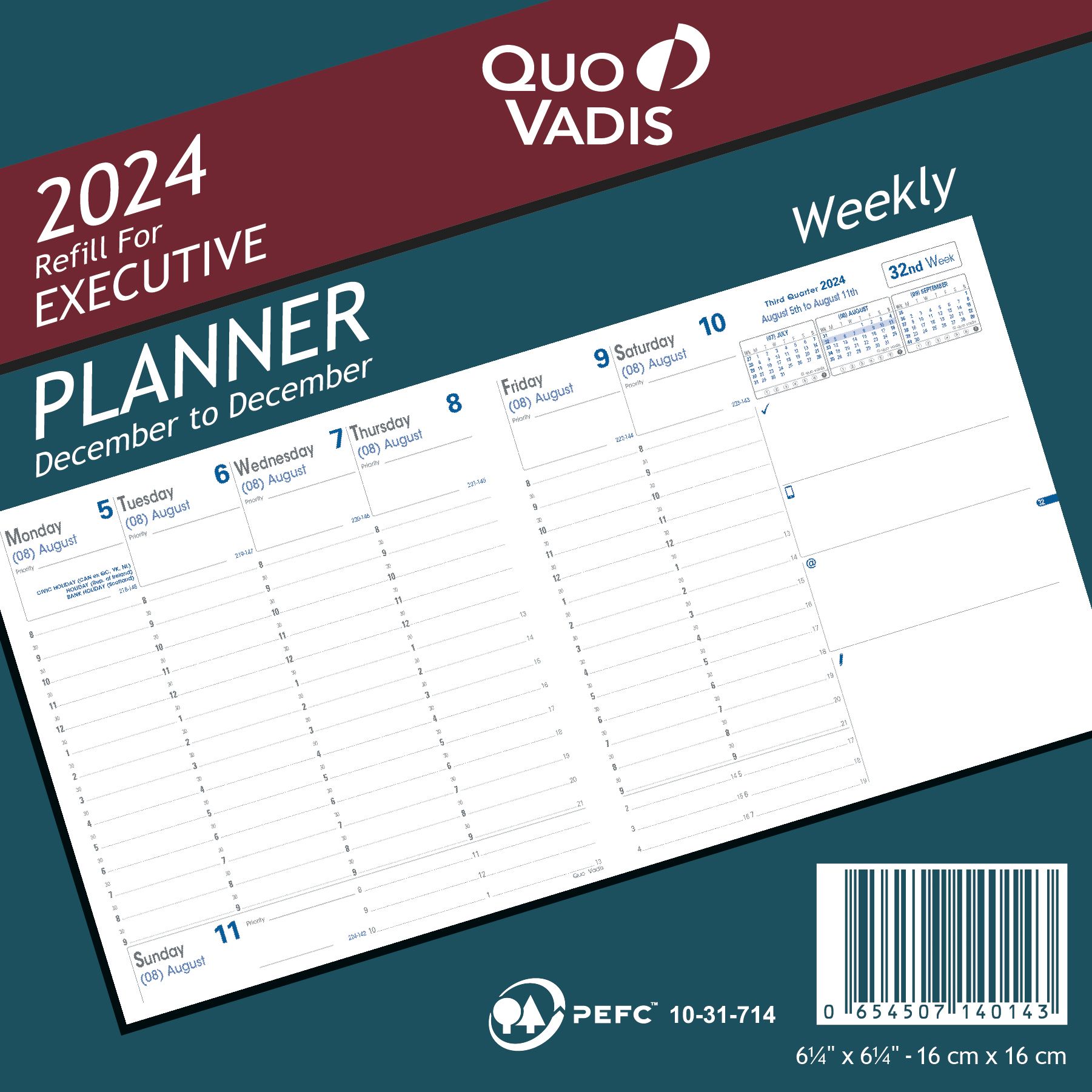 Quo Vadis 2024 Executive Vertical Weekly Planner - Refill Only