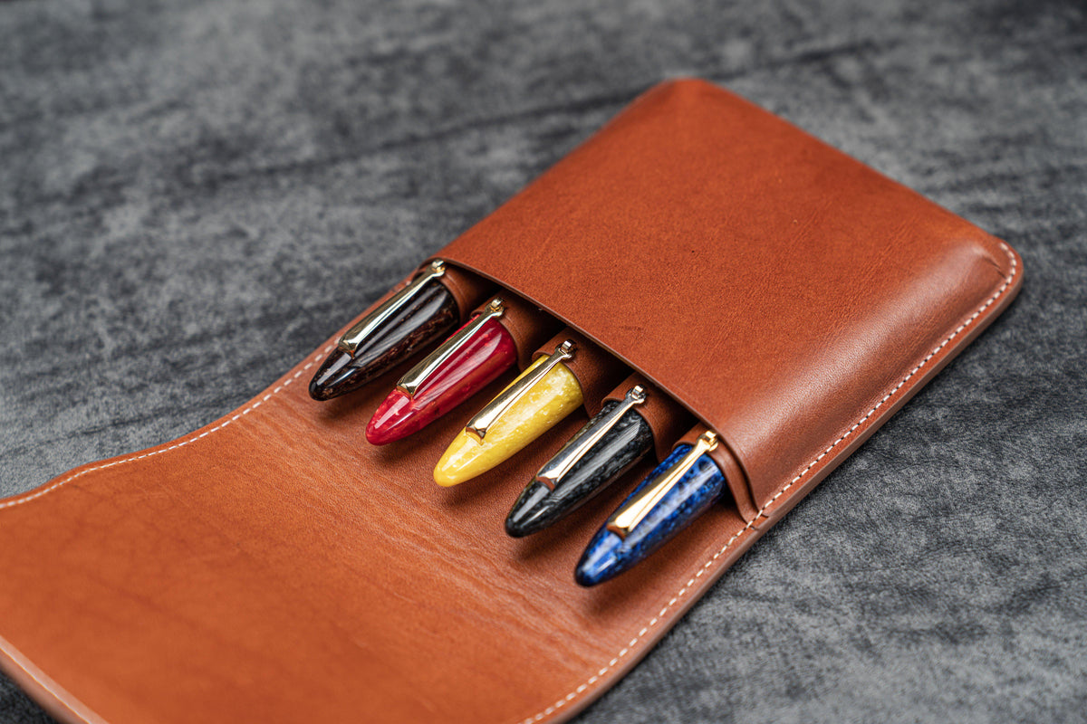 Galen Leather Co. Leather Flap Pen Case for Five Pens - Brown