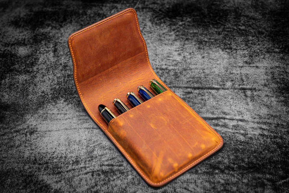 Leather Flap Pen Case for Two Pens - Brown
