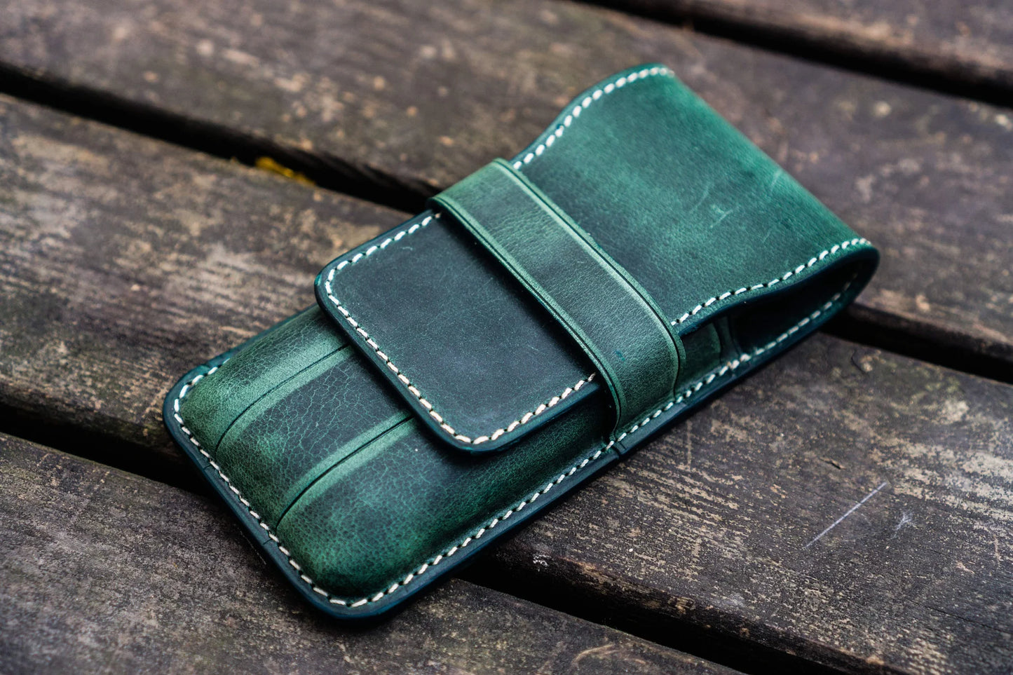 Galen Leather 3 Pen Flap Case - Crazy Horse Forest Green