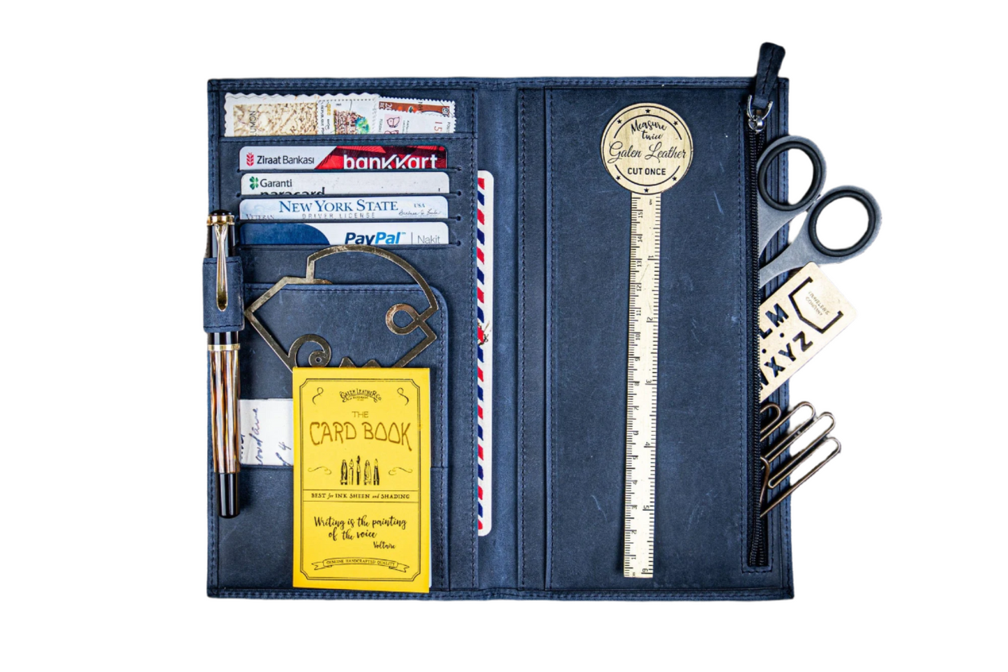 Galen Leather Wallet Insert for Traveler's Notebook Regular Size/Hobonichi Weeks Mega Cover Slim - Crazy Horse Navy Blue