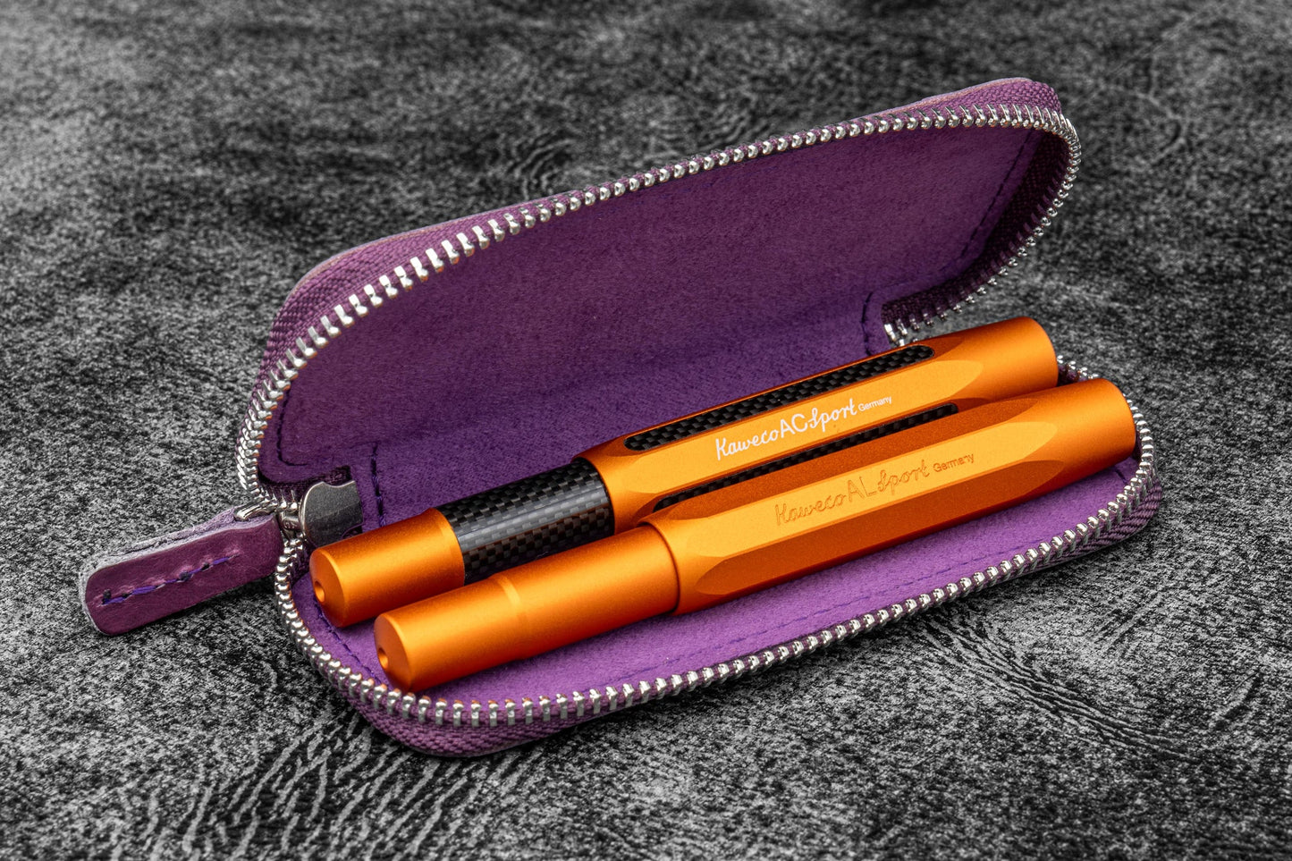 Galen Leather Double Zippered Pen Case for Kaweco Pocket Pen - Purple